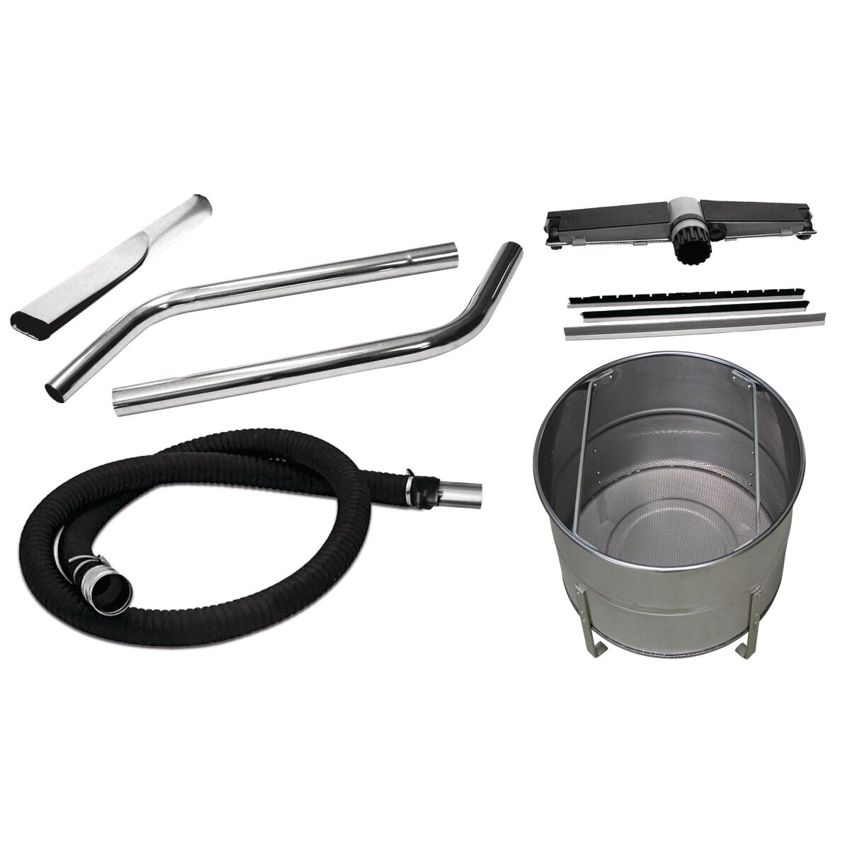 Zubehörset mit Saugschlauch, zwei Metallrohren, Fugendüse, Bodendüse mit Einsätzen und zylindrischem Metallsieb.