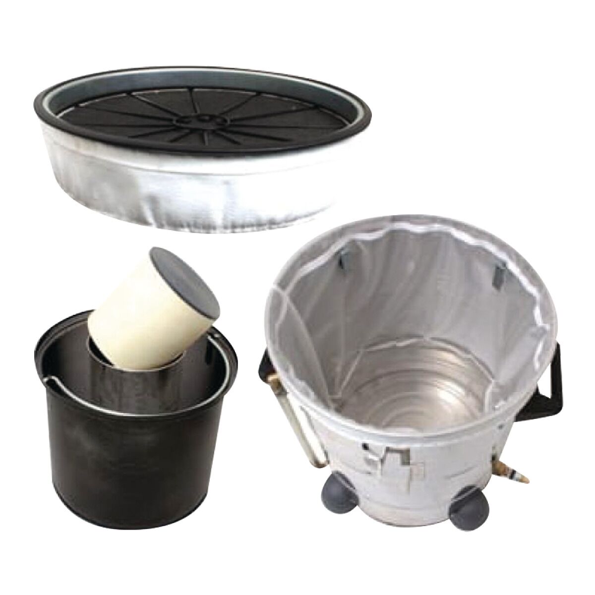 Set mit Metallbehälter, Einsatzbehälter, Filterelement und rundem Deckel mit schwarzer Innenfläche.