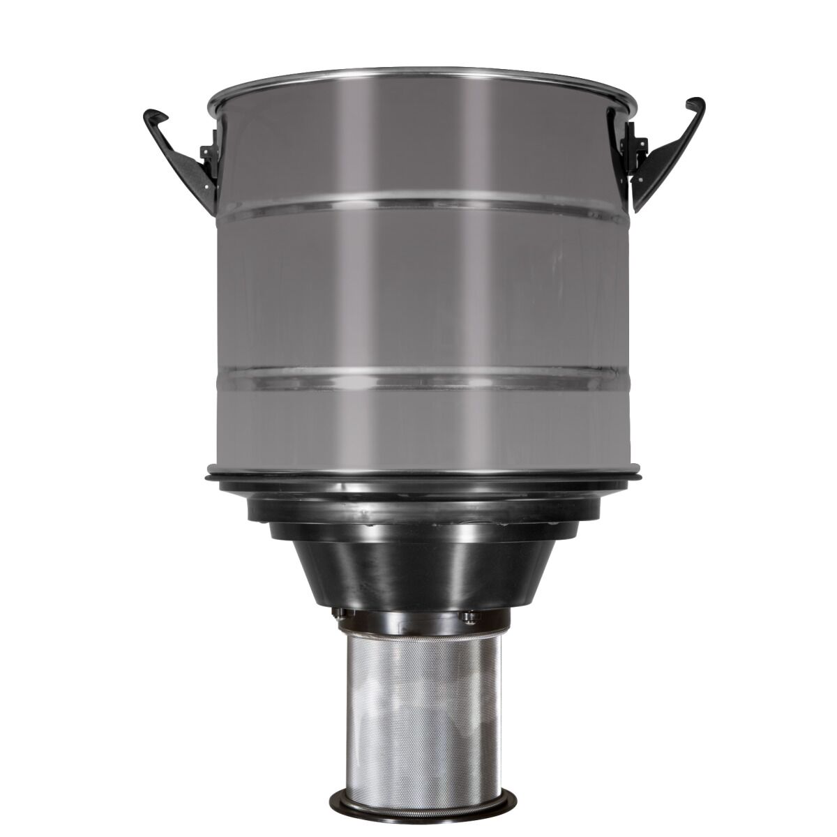 Zylindrischer Edelstahlbehälter mit seitlichen Spannverschlüssen und darunter angebrachtem Metallfilter.