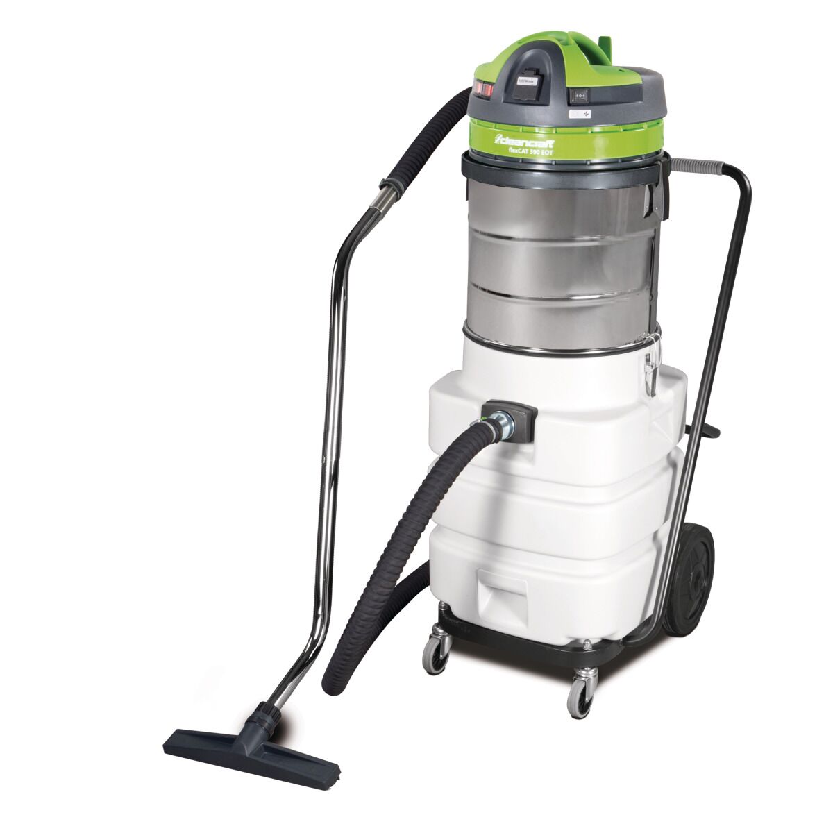 Fahrbarer Industriesauger mit Edelstahlbehälter, weißem Unterbehälter, grün-schwarzem Motorkopf, Schlauch und Bodendüse.