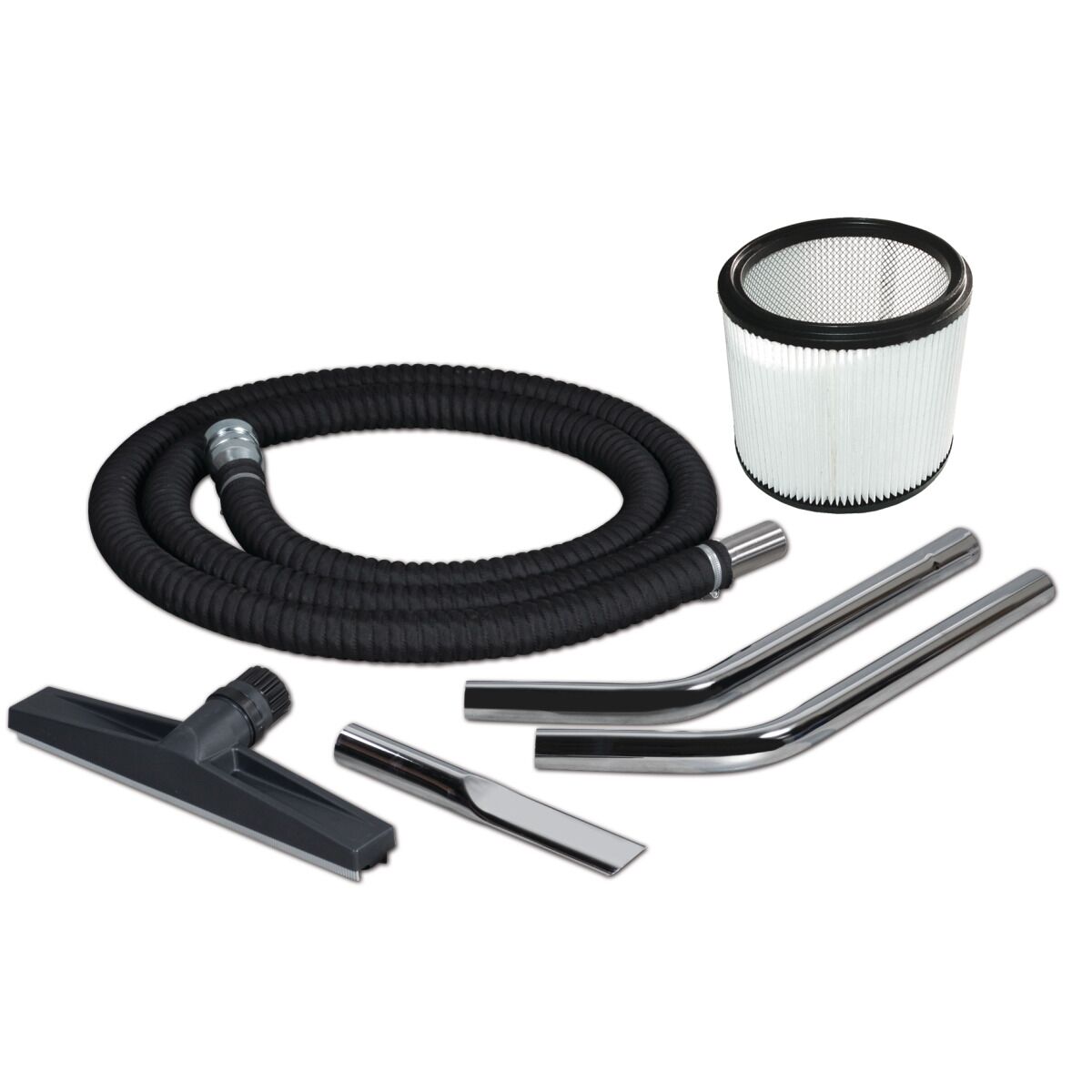 Zubehörset mit Saugschlauch, Rundfilter, Bodendüse, Fugendüse und zwei gebogenen Metall-Saugrohren.