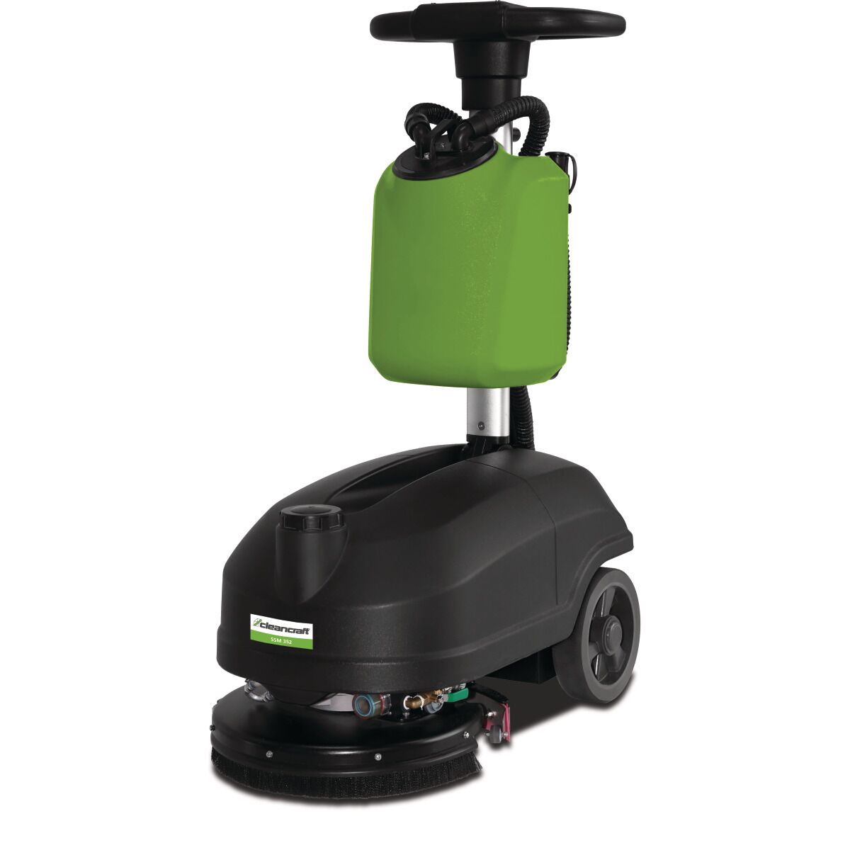 Kompakte Scheuersaugmaschine mit grünem Tank, schwarzem Gehäuse, hohem Schubbügel, Rädern und runder Bürsteneinheit.