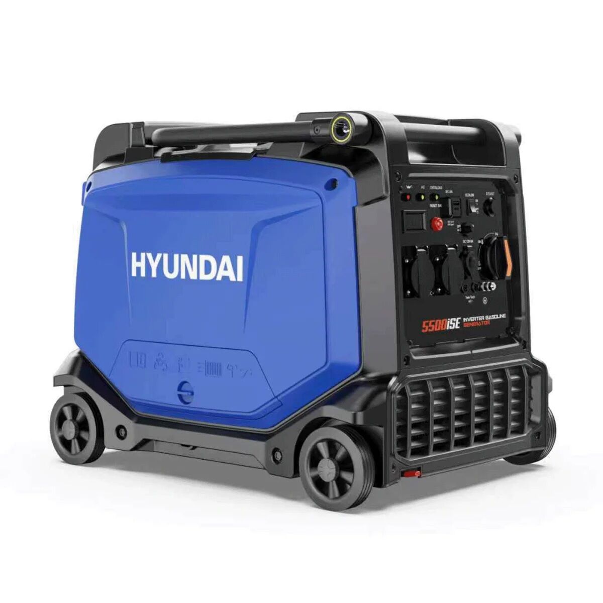 Hyundai Inverter-Generator auf vier Rädern mit Tragegriff, blau-schwarzem Gehäuse, Bedienfeld, Steckdosen und Lüftungsgitter.
