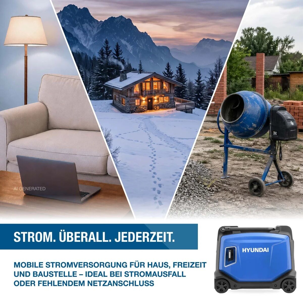 Hyundai Inverter-Generator mit Beispielen für den Einsatz zu Hause, in einer Berghütte und auf einer Baustelle.