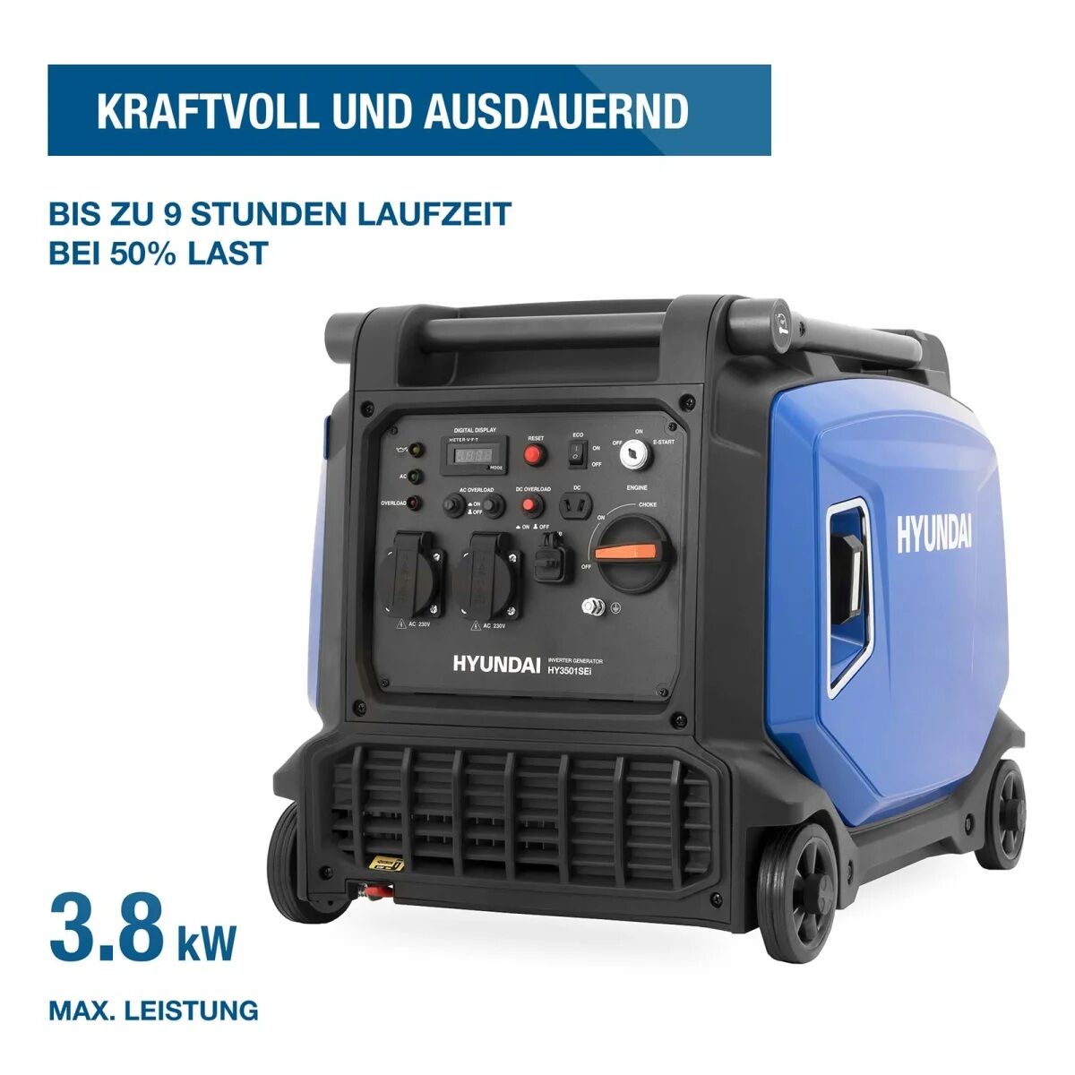 Hyundai Inverter-Generator mit Bedienfeld und Angabe von bis zu 9 Stunden Laufzeit bei 50 % Last sowie 3,8 kW Maximalleistung.