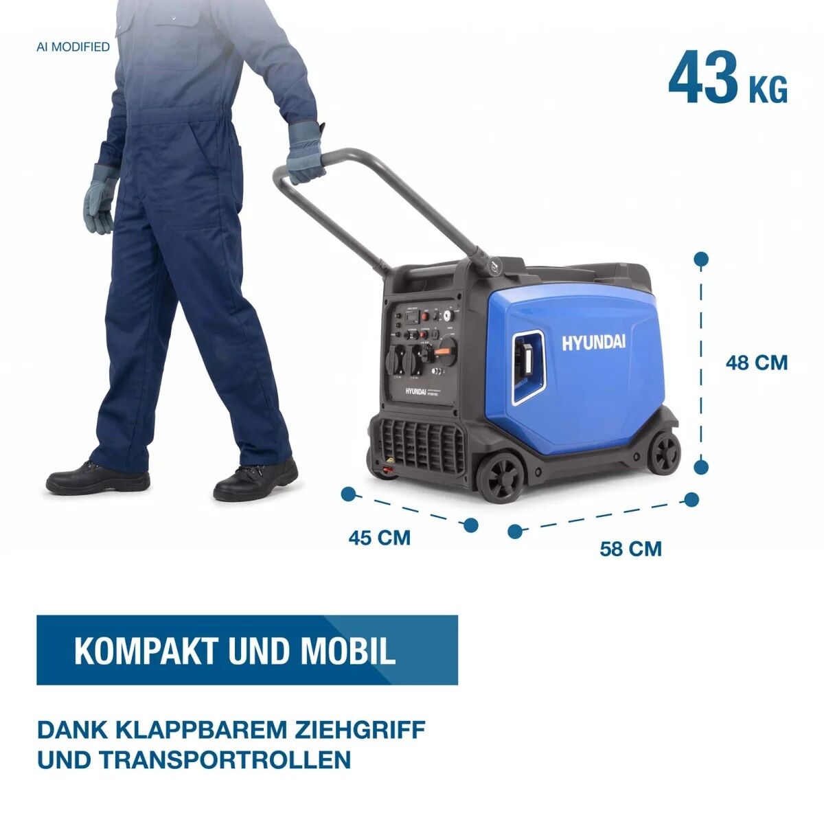 Person zieht den Hyundai Generator am ausklappbaren Griff; angegeben sind 43 kg Gewicht sowie Maße von 58 × 45 × 48 cm.
