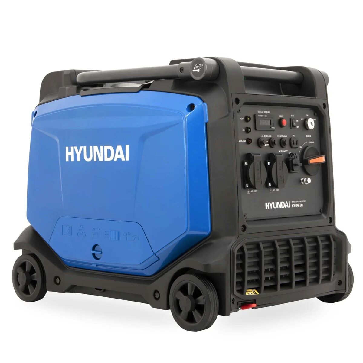 Schrägansicht eines blauen Hyundai Inverter-Generators mit vier Rollen, Tragegriff, Bedienfeld und Lüftungsgitter.