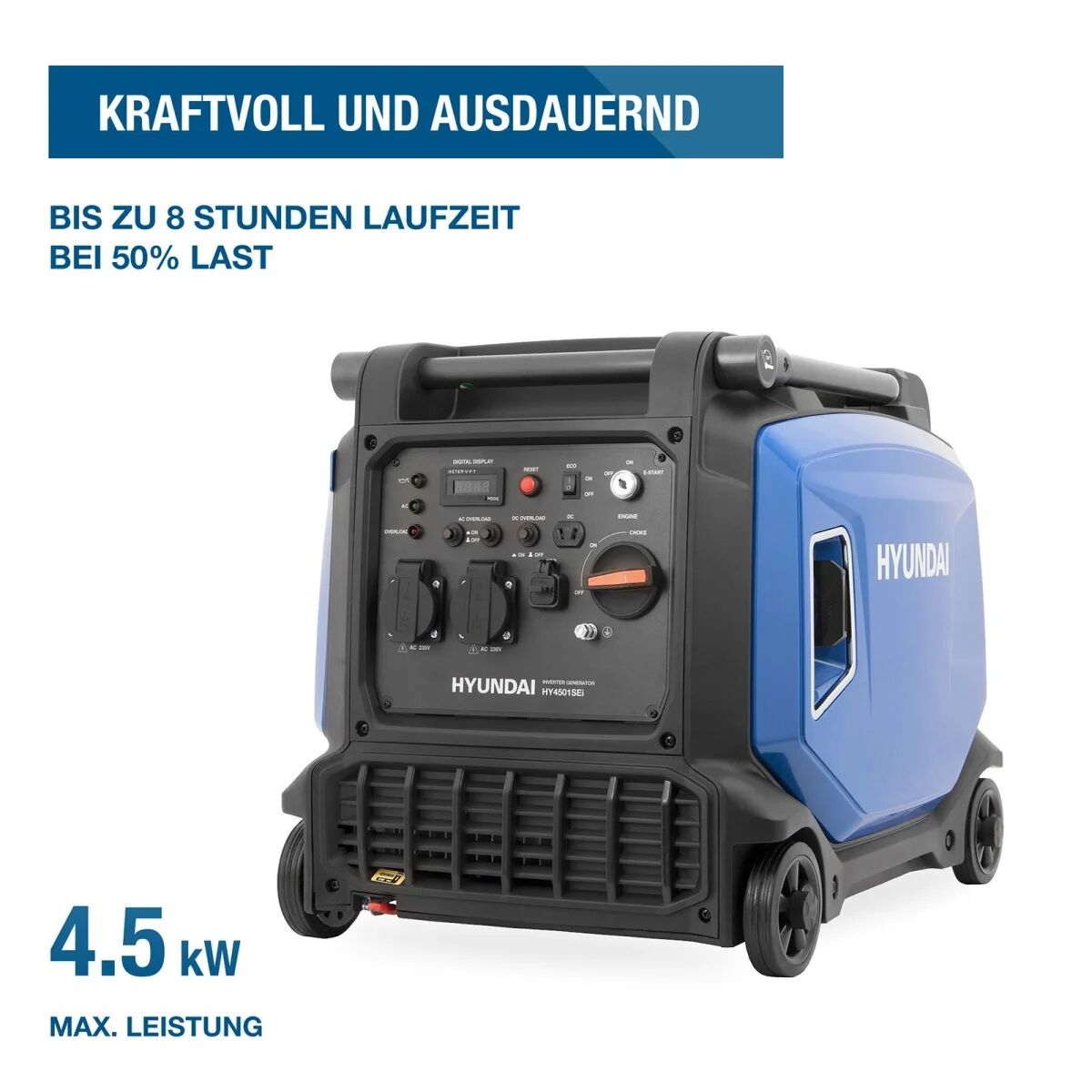 Hyundai Inverter-Generator mit Angabe von bis zu 8 Stunden Laufzeit bei 50 % Last und 4,5 kW Maximalleistung.