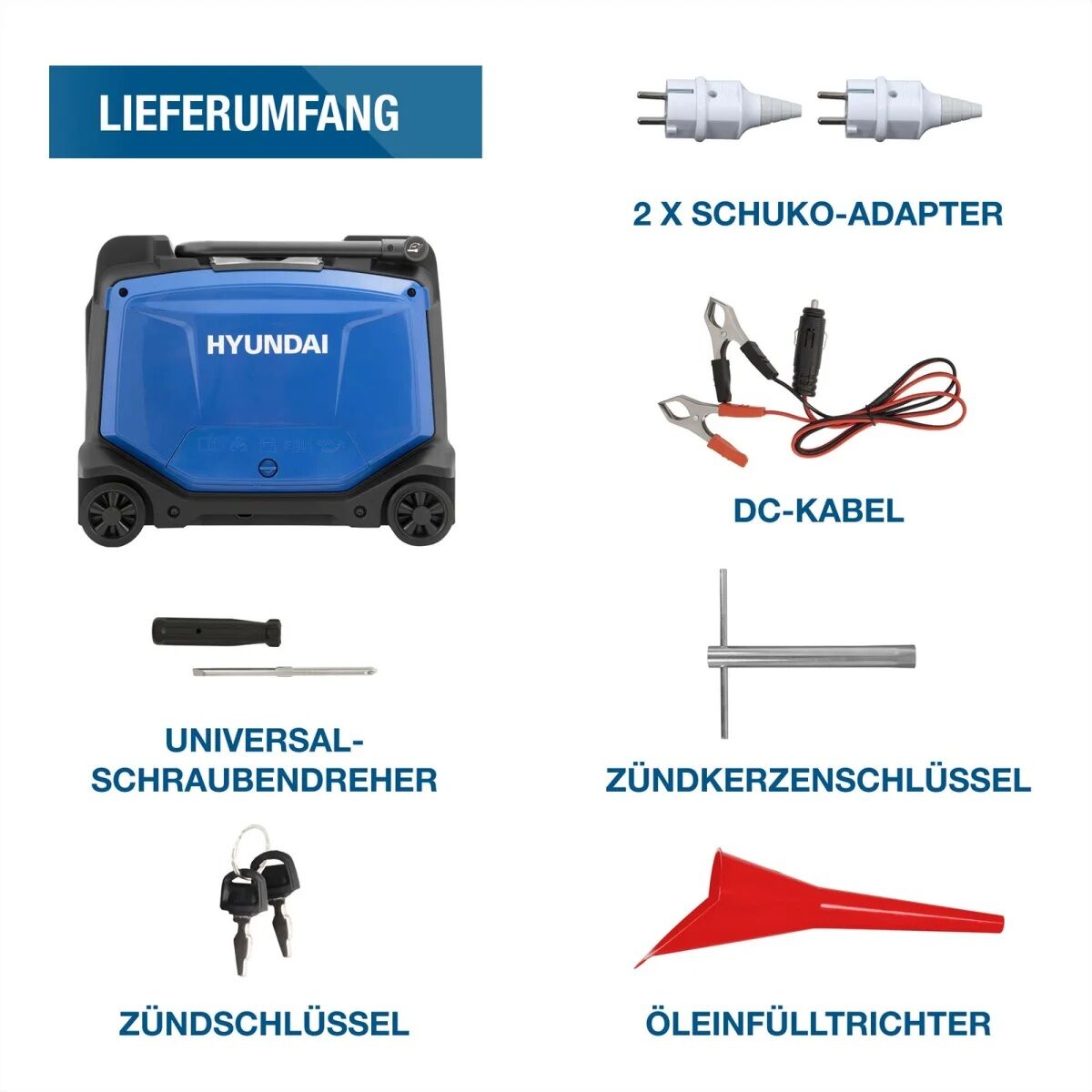 Lieferumfang mit Hyundai Generator, zwei Schuko-Adaptern, DC-Kabel, Schraubendreher, Zündkerzenschlüssel, Schlüsseln und Öltrichter.
