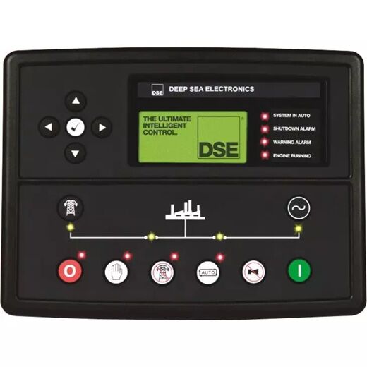 Steuerpanel von Deep Sea Electronics (DSE) mit Display und Tasten für Generatorsteuerung und Systemanzeigen.