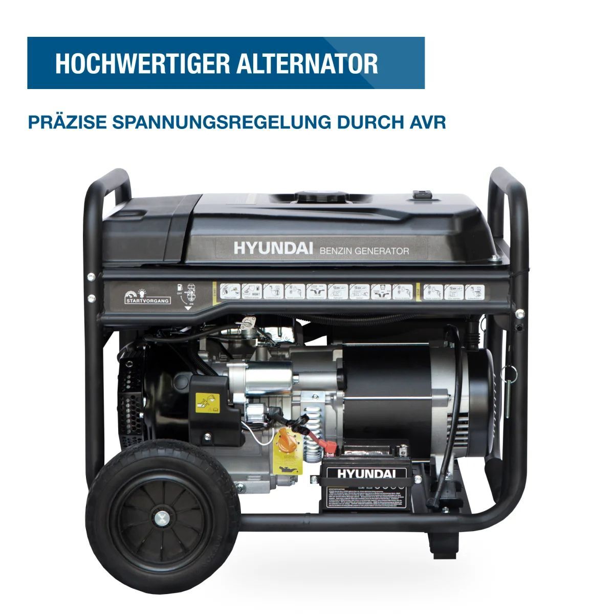 Seitenansicht des Hyundai HY8500LEK Generators mit sichtbarem Alternator und Motor im offenen Stahlrahmen.