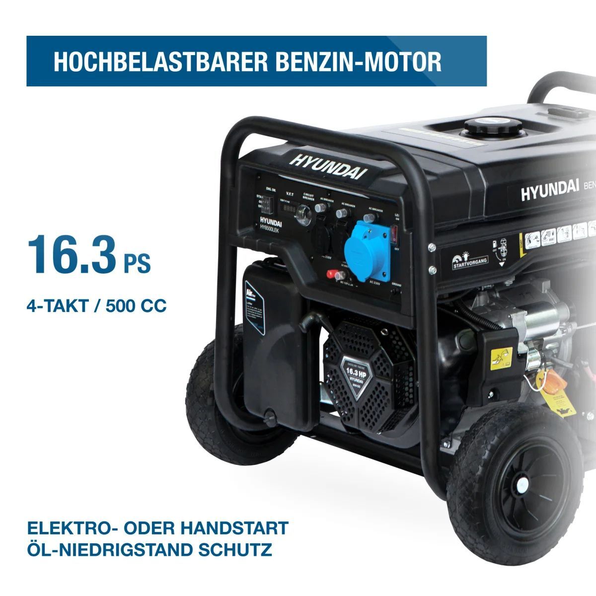 Nahaufnahme des Hyundai HY8500LEK Generators mit sichtbarem Motor, blauer Steckdose und Startschaltern.