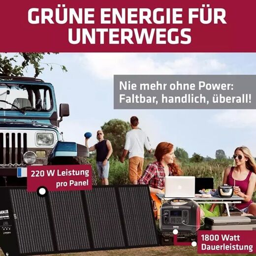 Outdoor-Szene mit ELMAG ENERGY 1800 und Solarpanel, 220 W pro Panel, 1800 W Dauerleistung, ideal für unterwegs.