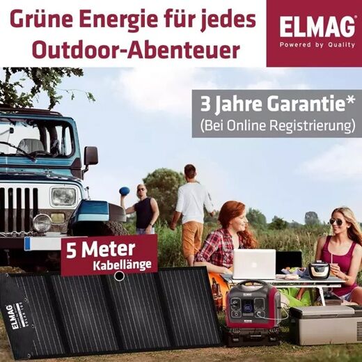 Gruppe beim Outdoor-Abenteuer lädt Geräte über ein Solarpanel mit 5 m Kabel.