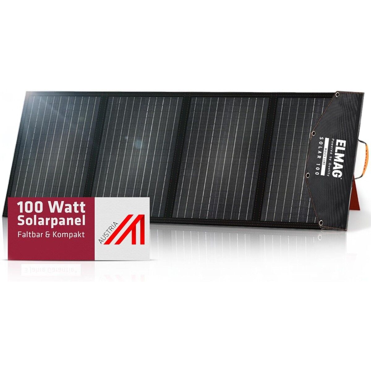 Schwarzes faltbares 100 Watt-Solarpanel mit Hinweis auf 3 Jahre Garantie.