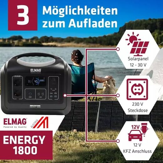 Tragbare Powerstation ENERGY 1800 von ELMAG mit drei Ladeoptionen: Solarpanel, 230 V-Steckdose und 12 V-KFZ-Anschluss.
