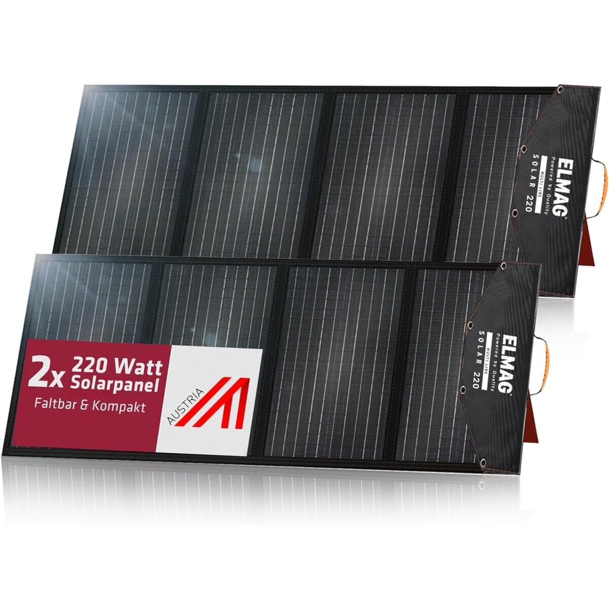 Zwei faltbare 220 W Solarpaneele von ELMAG, kompakt designt, mit Hinweis auf 3 Jahre Garantie auf weißem Hintergrund.