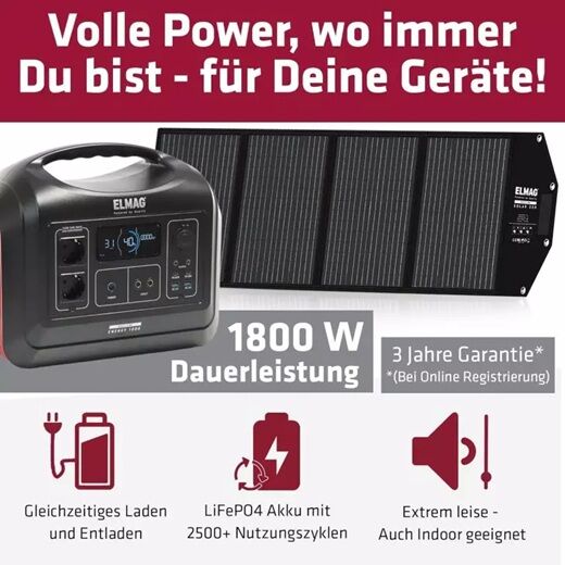 ELMAG ENERGY 1800 Powerstation mit Solarpanel, 1800 W Dauerleistung, leise, LiFePO4-Akku für über 2500 Zyklen.