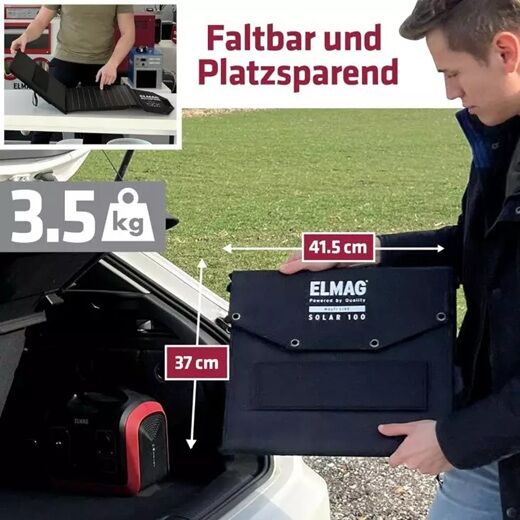 Kompaktes, faltbares Solarpanel wird platzsparend in einem Autokofferraum verstaut.