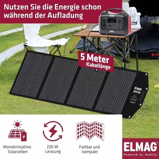 ELMAG-Solarpanel 220 W, 5 m Kabellänge, faltbar und kompakt mit monokristallinen Zellen, lädt während der Nutzung.