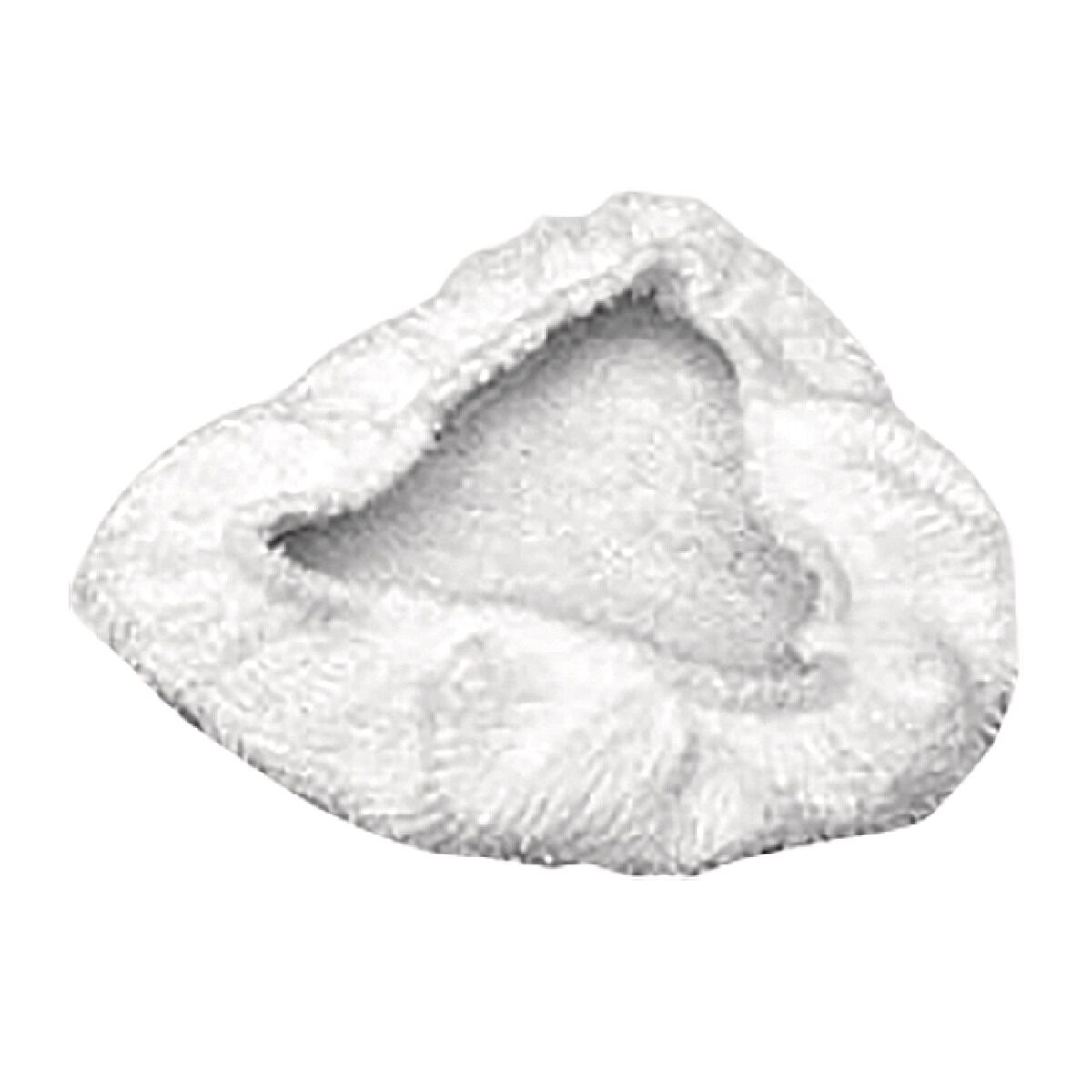 Weißes dreieckiges Mikrofasertuch für Dampfreiniger, passend für kleine Düsenaufsätze zur schonenden Reinigung empfindlicher Oberflächen.