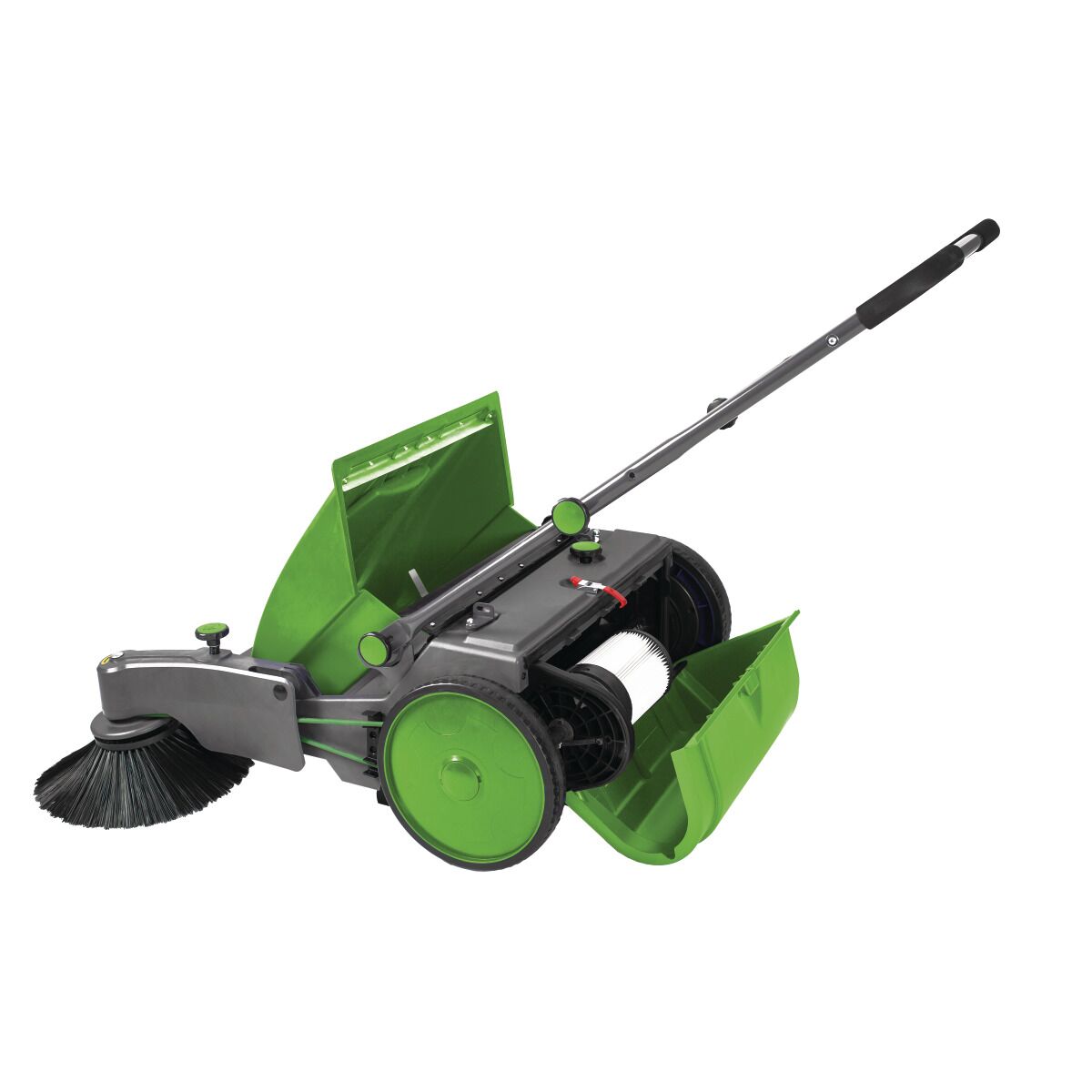 Geöffnete Kehrmaschine mit sichtbarem Bürstensystem, Filter und geöffnetem Schmutzbehälter.