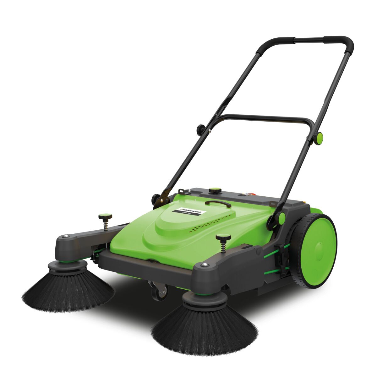 Handgeführte grün-schwarze Kehrmaschine mit zwei großen Seitenbürsten und verstellbarem Griff.