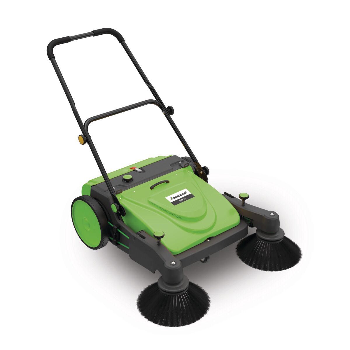 Kehrmaschine in Einsatzposition mit zwei Seitenbürsten, grünem Gehäuse und schwarzem Griffgestänge.