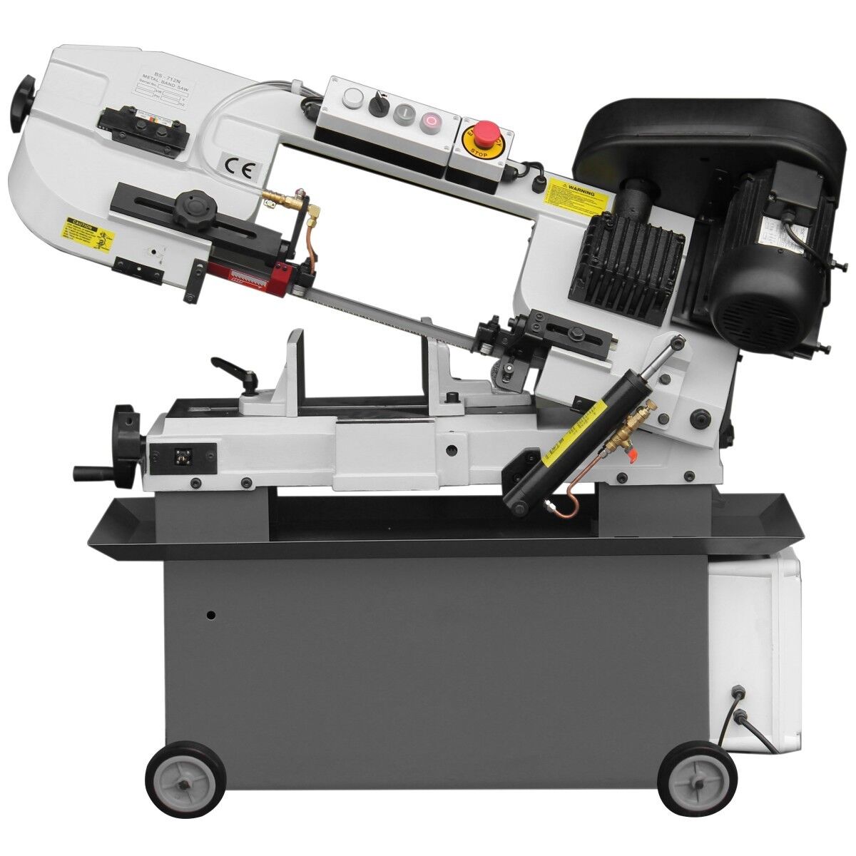 Horizontale Metall-Bandsäge mit Motorantrieb, Spannvorrichtung, Hydraulikzylinder und stabilem fahrbarem Untergestell.