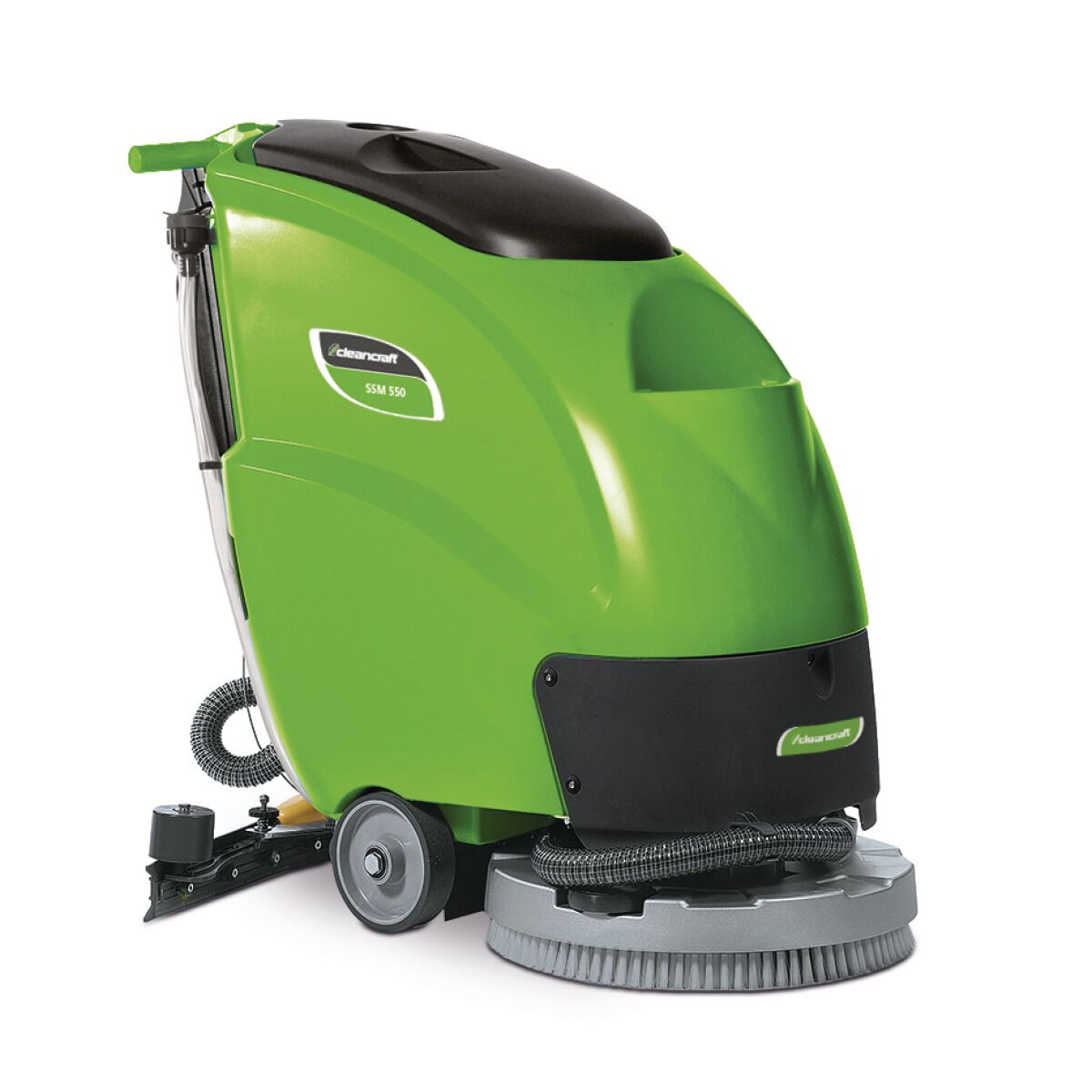 Grüne Bodenreinigungsmaschine mit seitlicher Ansicht und sichtbarer Rundbürste unten.
