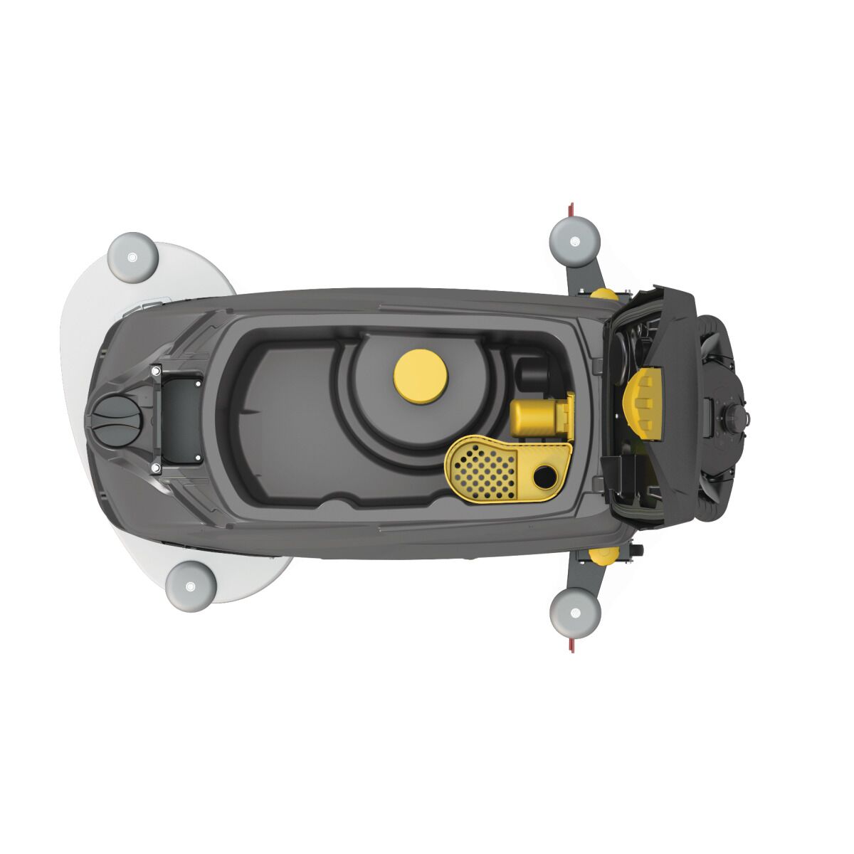 Bodenreinigungsmaschine von oben, geöffneter Tank mit gelben Komponenten und Einfüllöffnung.