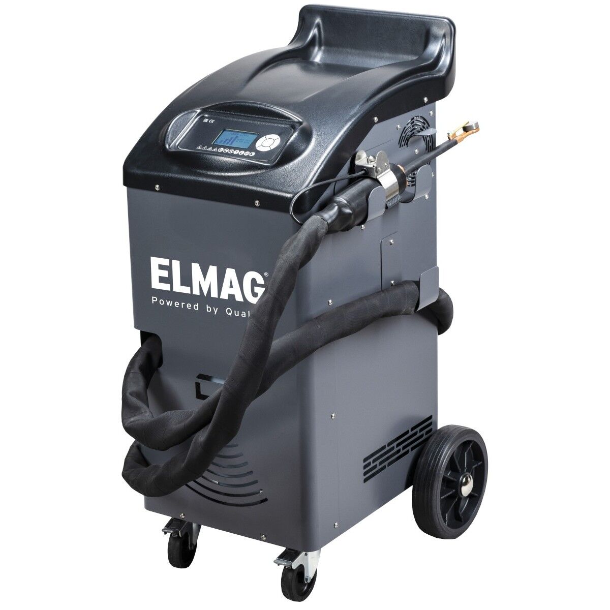Graues fahrbares ELMAG Induktionsheizgerät mit LCD-Display, Griff, Schlauchanschluss und Rollen auf weißem Hintergrund.