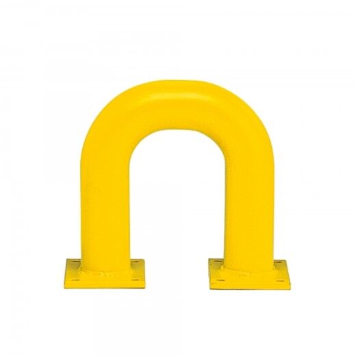 Gelbe U-förmige Schutzbügel-Barriere aus Metall zur Bodenmontage, dient als Rammschutz für Maschinen und Verkehrswege.