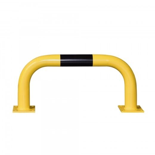 Gelb-schwarzer Rammschutzbügel in U-Form mit Bodenplatten zur Befestigung, dient dem Anfahrschutz in Lager- und Industriebereichen