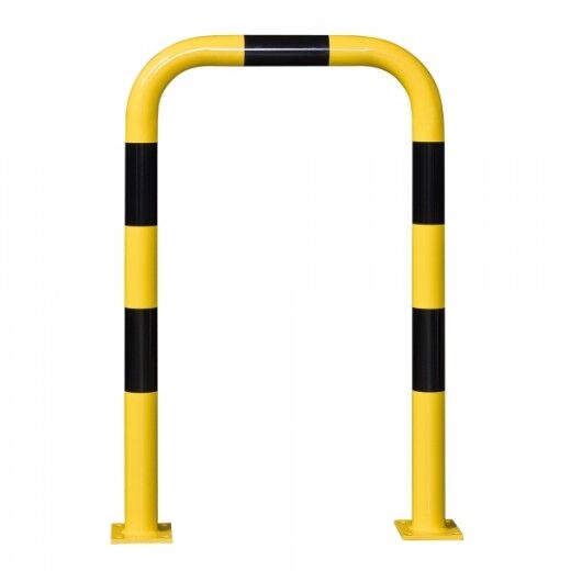 Gelb-schwarzer Rammschutzbügel in U-Form mit Bodenplatten zur Befestigung, dient dem Anfahrschutz in Lager- und Industriebereichen
