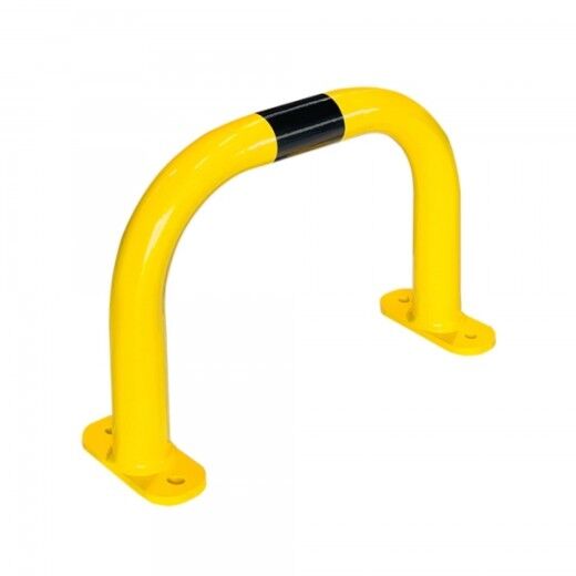 Gelb-schwarzer U-förmiger Rammschutzbügel aus Metall mit Bodenplatten zur festen Montage.