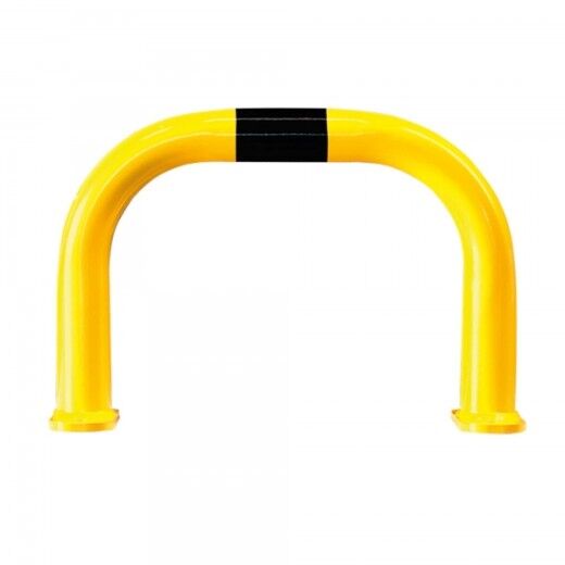 Gelb-schwarzer U-förmiger Rammschutzbügel aus Metall mit Bodenplatten zur festen Montage.