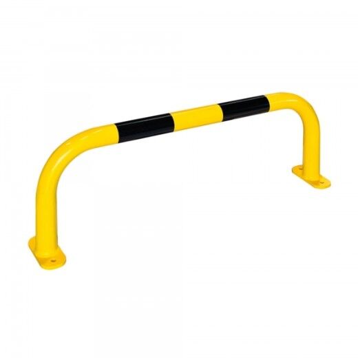 Langer gelb-schwarzer Schutzbügel aus Metall mit gebogenen Enden und Bodenplatten zur Befestigung.