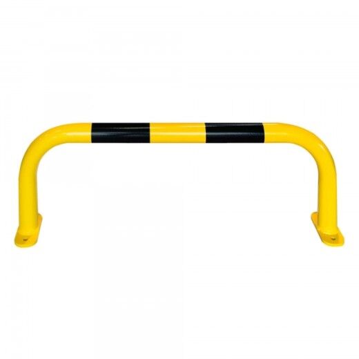 Langer gelb-schwarzer Schutzbügel aus Metall mit gebogenen Enden und Bodenplatten zur Befestigung.