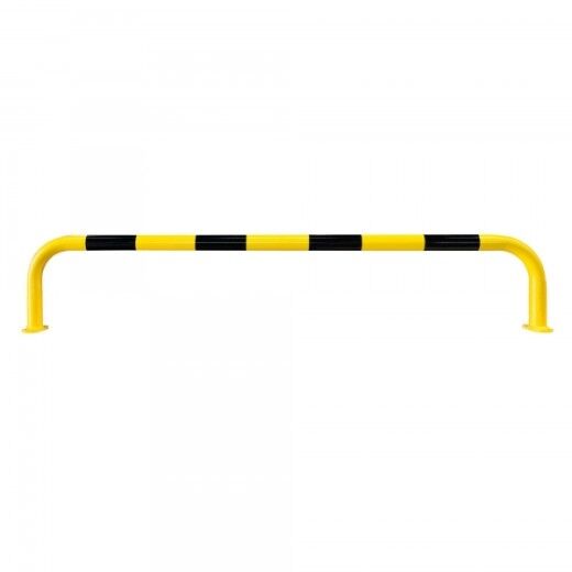 Sehr langer gelb-schwarzer Rammschutzbügel aus Metall mit Bodenplatten zur Montage, geeignet für breite Absicherungen.
