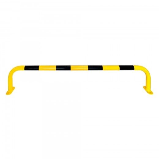 Sehr langer gelb-schwarzer Rammschutzbügel aus Metall mit Bodenplatten zur Montage, geeignet für breite Absicherungen.