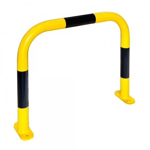Großer gelb-schwarzer Schutzbügel aus Metall mit Bodenplatten zur Befestigung, geeignet zur Absicherung von Bereichen.