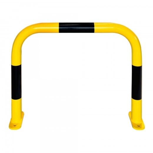 Großer gelb-schwarzer Schutzbügel aus Metall mit Bodenplatten zur Befestigung, geeignet zur Absicherung von Bereichen.