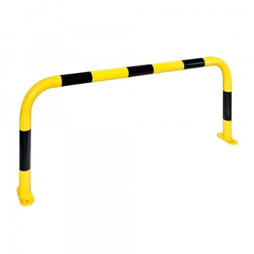 Großer gelb-schwarzer Schutzbügel aus Metall mit Bodenplatten zur Befestigung, geeignet zur Absicherung von Bereichen.