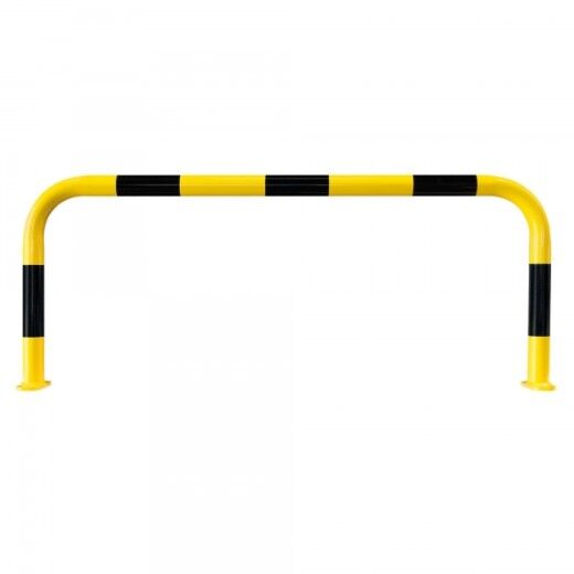 Großer gelb-schwarzer Schutzbügel aus Metall mit Bodenplatten zur Befestigung, geeignet zur Absicherung von Bereichen.