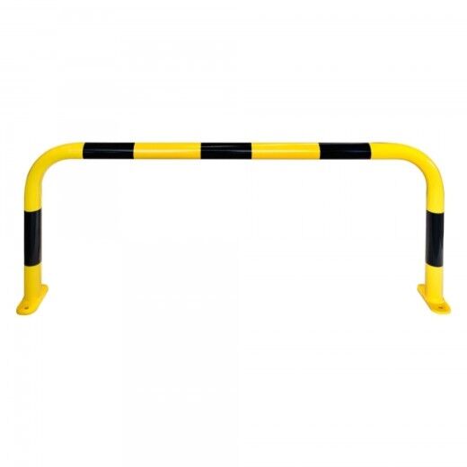Großer gelb-schwarzer Schutzbügel aus Metall mit Bodenplatten zur Befestigung, geeignet zur Absicherung von Bereichen.