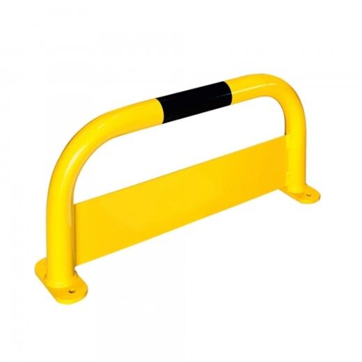 Gelb-schwarze Schutzbügel-Barriere aus Metall zur Bodenmontage, dient der Absicherung von Bereichen.