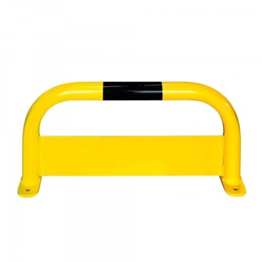 Gelb-schwarze Schutzbügel-Barriere aus Metall zur Bodenmontage, dient der Absicherung von Bereichen.
