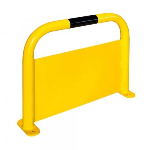 Gelb-schwarze Schutzbarriere aus Metall zur vertikalen Montage, dient der Absicherung von Maschinen oder Wegen.