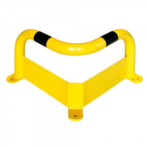 Gelb-schwarze Eckschutzbarriere aus Metall mit durchgehender Schutzplatte, ideal zum Absichern von Wand- und Regalecken.